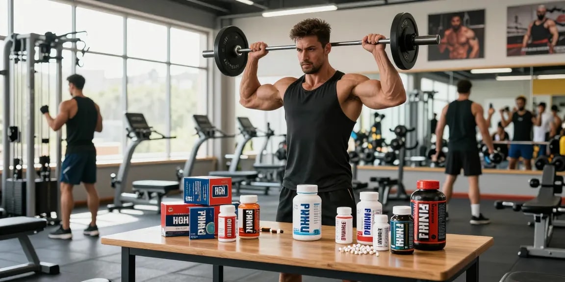 Prime Pharma Steroids bodybuilding producten in een moderne sportschool, met een gefocuste sporter die traint.