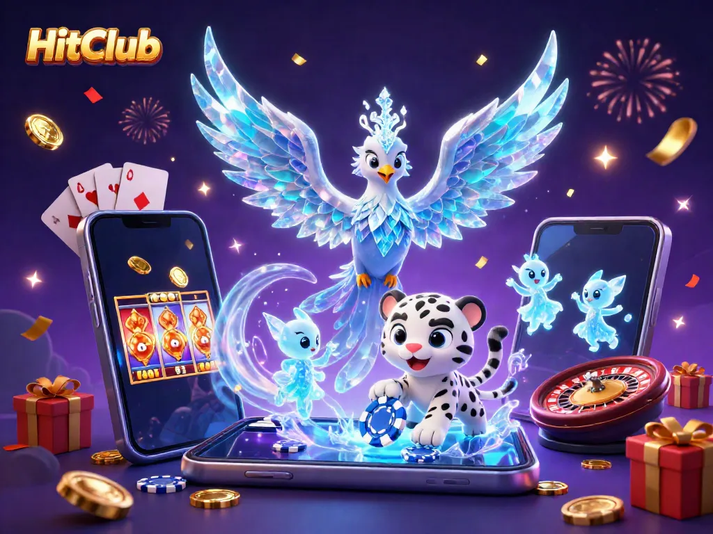 HitClub features a vibrant 3D ice phoenix, playful snow leopard cub, and glowing ice sprites amidst dynamic casino elements.