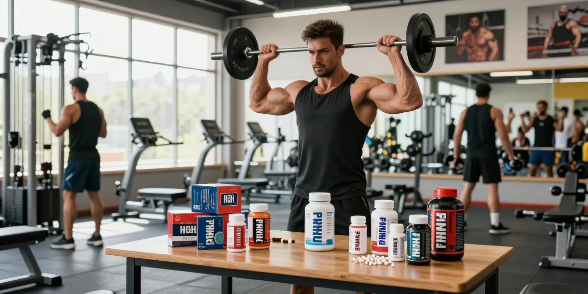 Prime Pharma Steroids bodybuilding producten in een moderne sportschool, met een gefocuste sporter die traint.