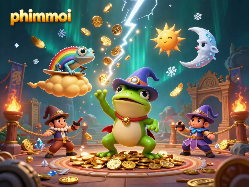 Experience the magic of phimmoi as a weather wizard frog conjures a golden coin storm in this captivating casino illustration.