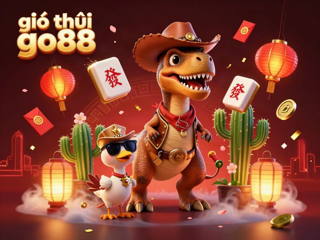 Join the excitement at giới thiệu go88 with a colorful casino extravaganza featuring a cowboy dinosaur and vibrant game elements.