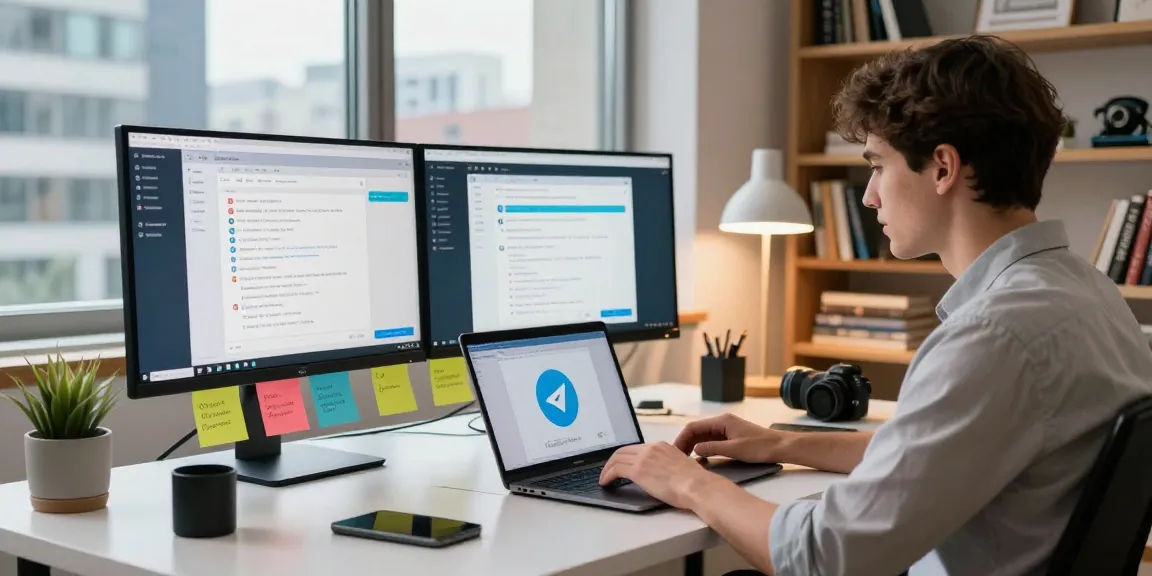 Download Telegram and enhance your communication in a modern workspace with vibrant tech elements.