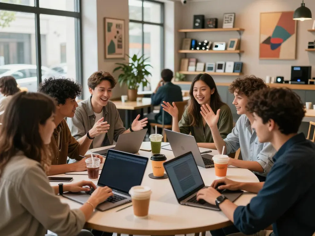 Engaging conversation over juicy ai discussions in a vibrant cafe.