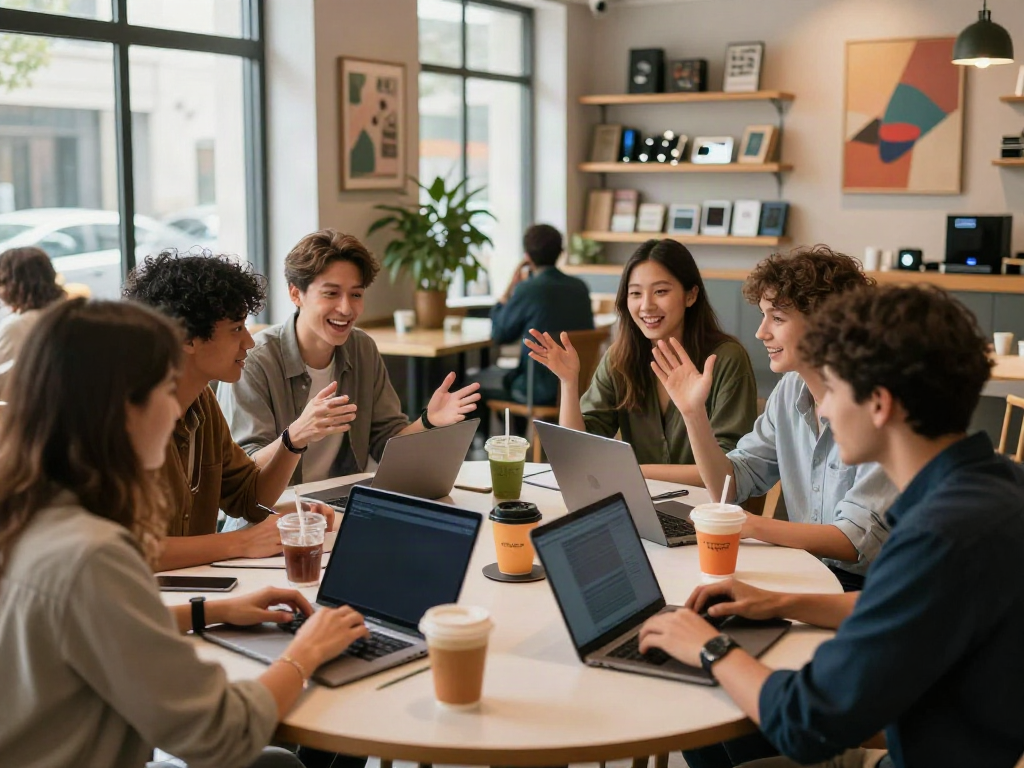 Engaging conversation over juicy ai discussions in a vibrant cafe.