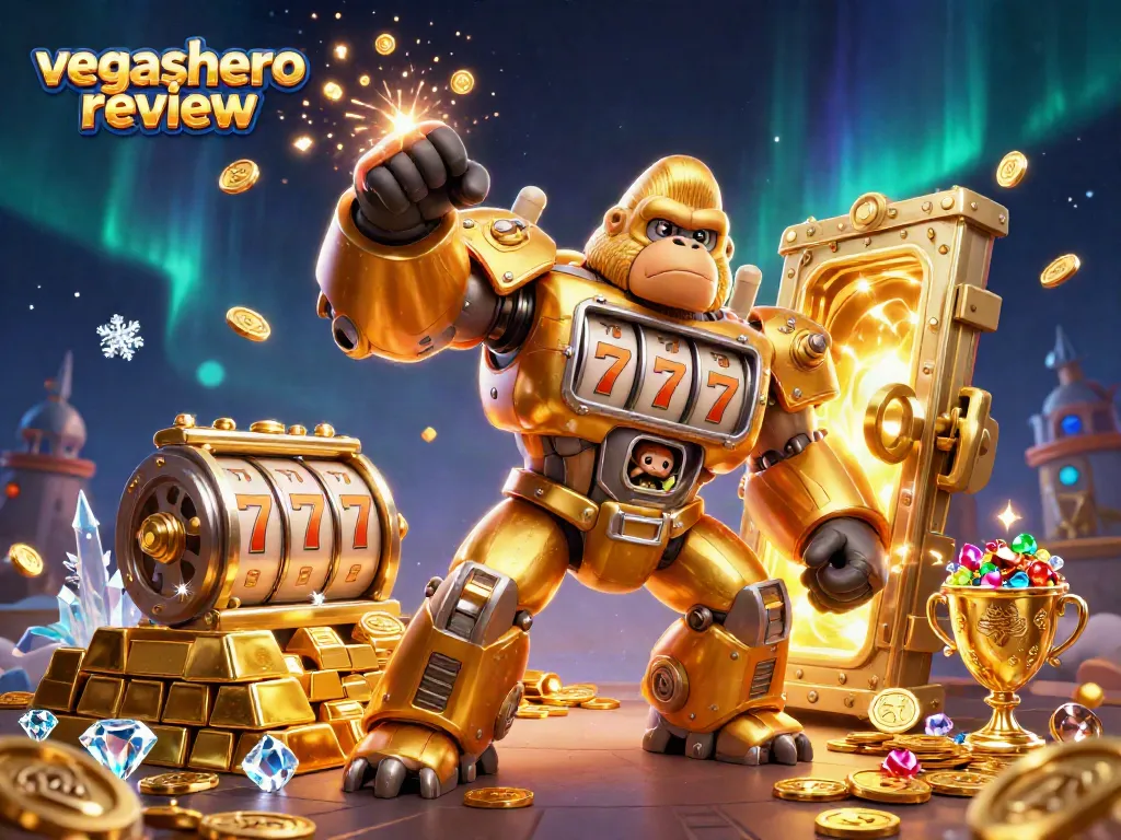 Engage in thrilling gameplay with the dynamic vegashero review showcasing a golden gorilla mech amid casino treasures.