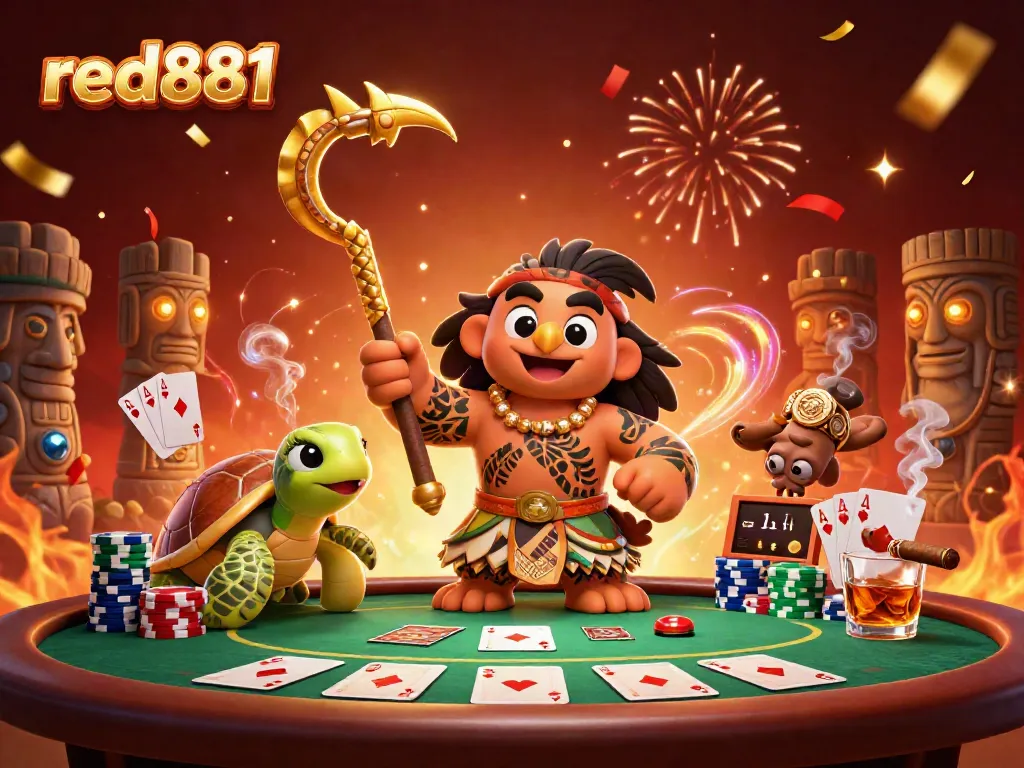 Engage in thrilling poker action with red881, featuring a tribal demigod and vibrant casino elements.