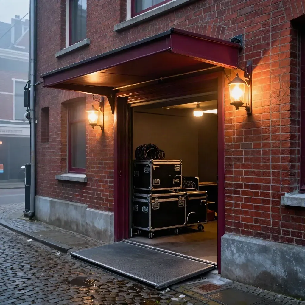 Rode theaterachteringang in Utrecht met laadklep, kisten en warme lampen in avondmist.