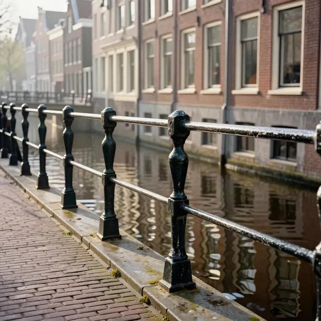Nauwe Amsterdamse gracht met brugleuning, natte baksteen en spiegelend water in zacht avondlicht.