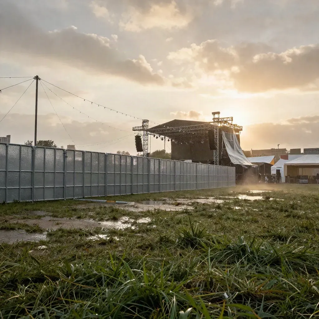 Nat festivalterrein met nat gras, hekken, podiumskelet en opklarende lucht na regen