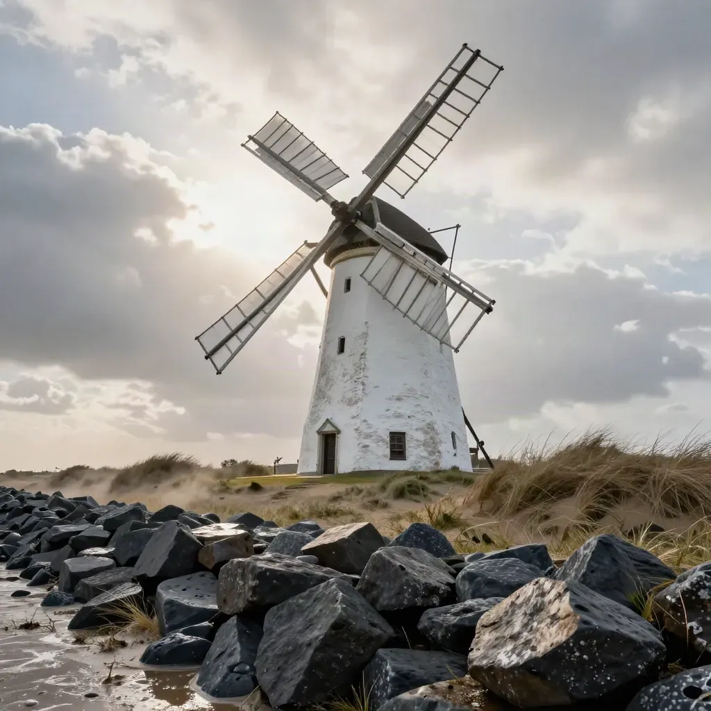 Witte kerktoren, windmolenwiek en basalt dijk in Zeeland, met opspattende zeezoutlucht.