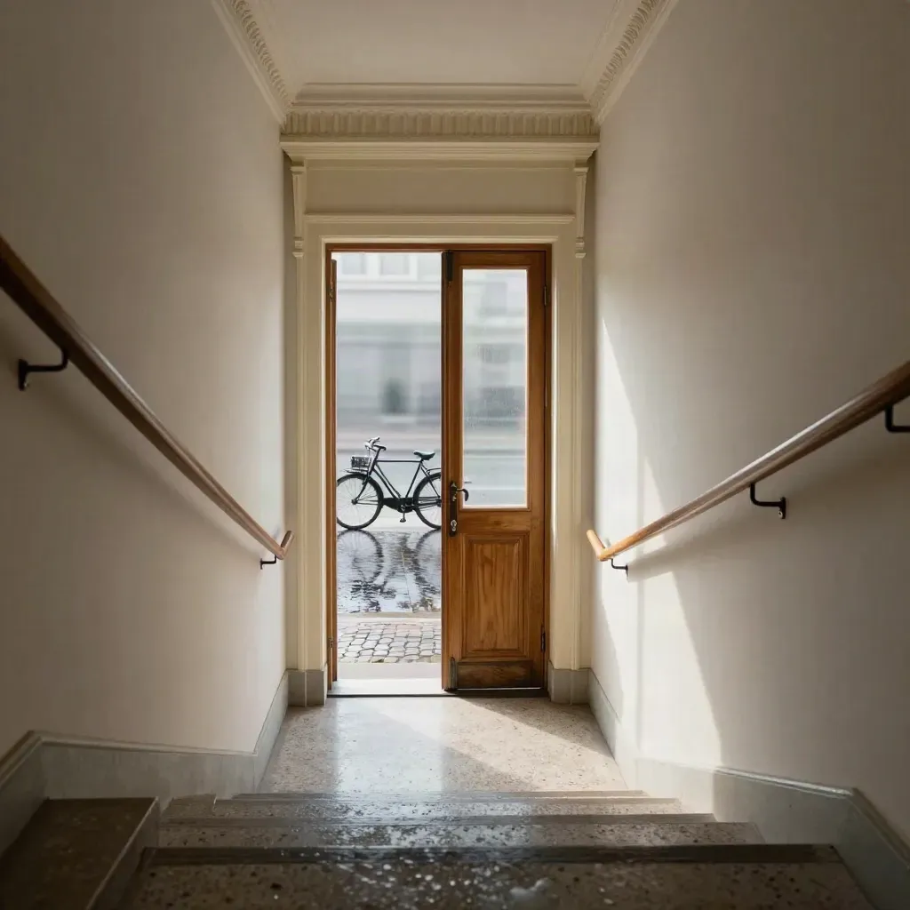 Stille museumgang met trapportaal, open deur en fiets buiten in ochtendlicht.