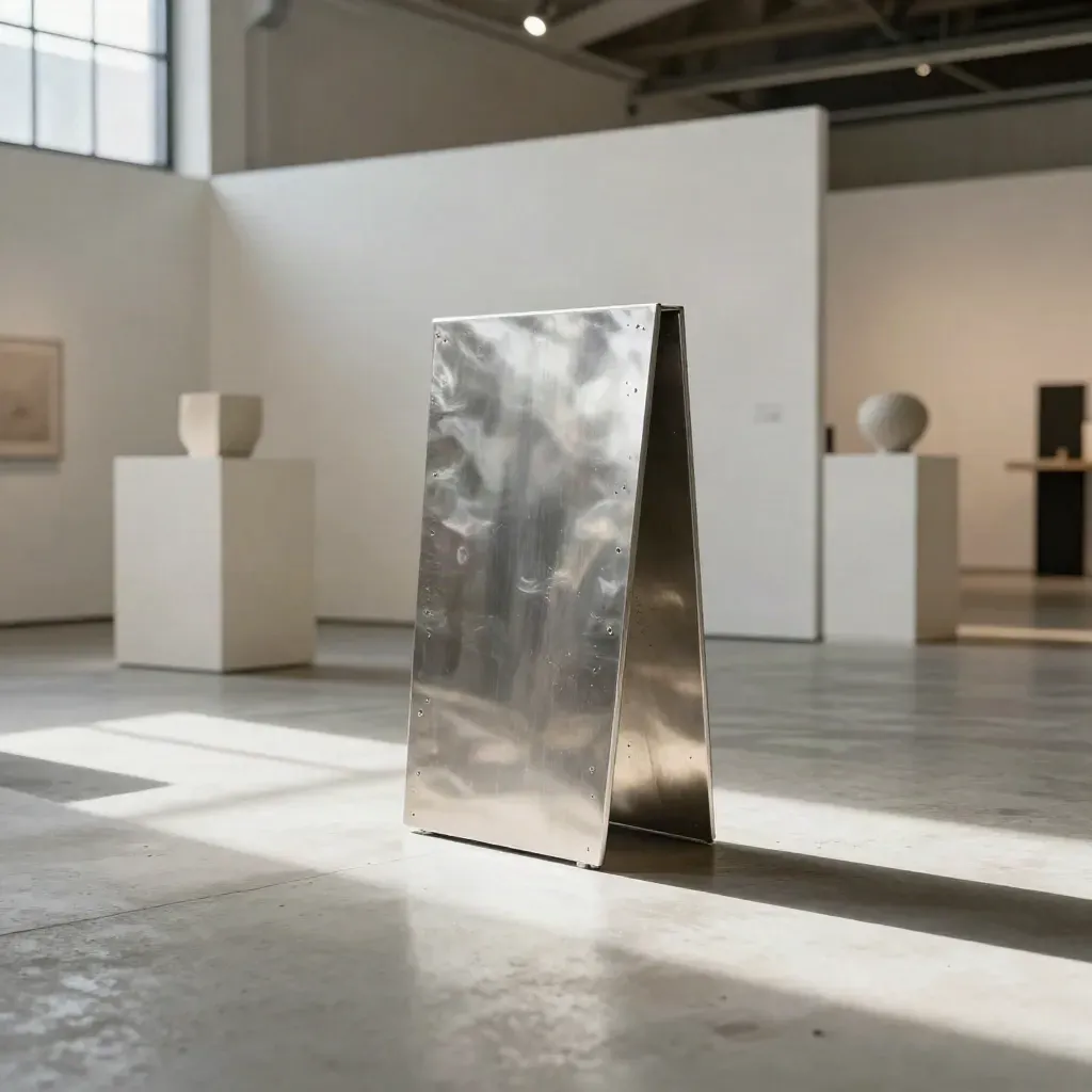 Aluminium sculptuur in een lichte expohal met lange schaduw op beton en witte wanden.