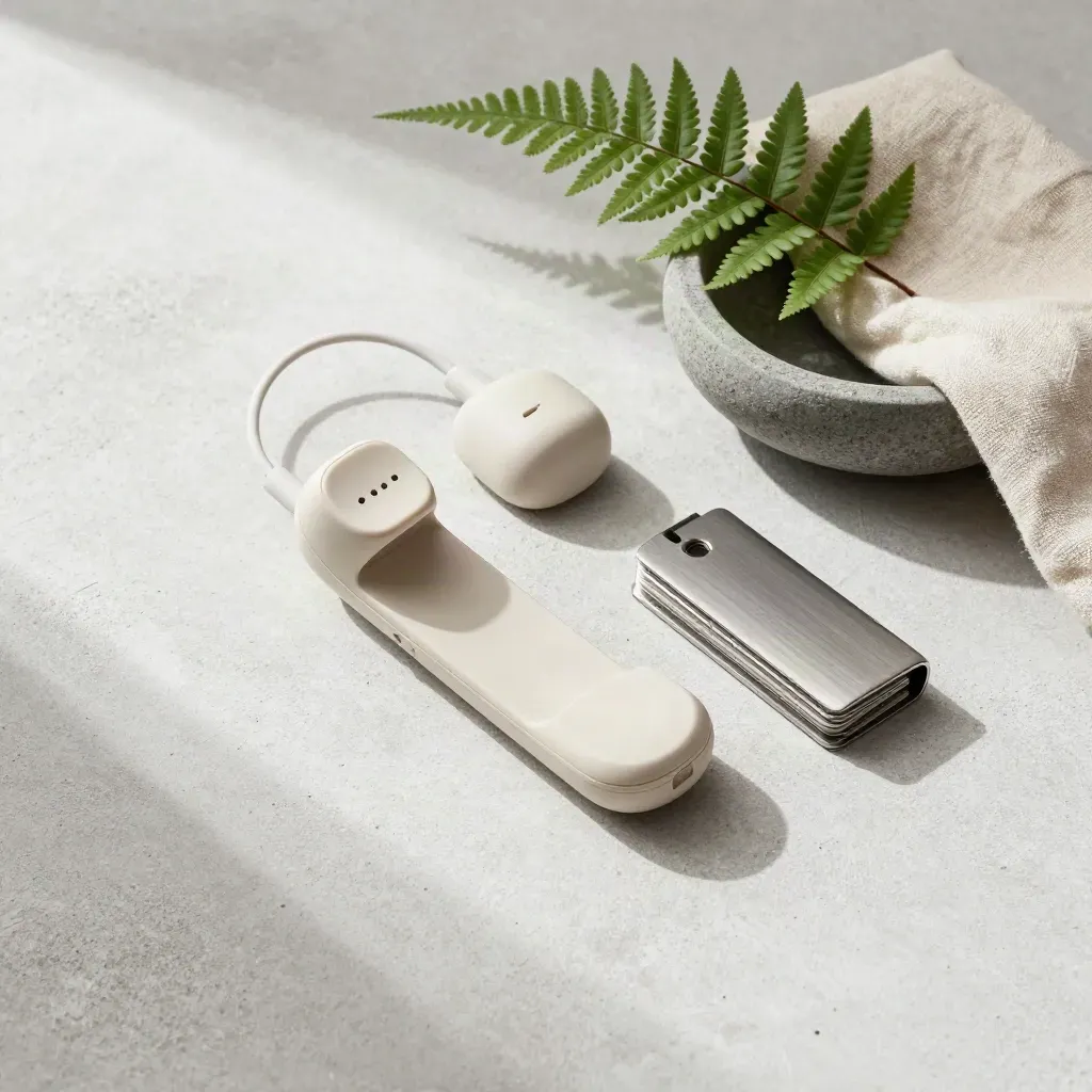 Overhead flatlay van audioguide, kaartclip en stenen schaal met varenblad en linnen doek