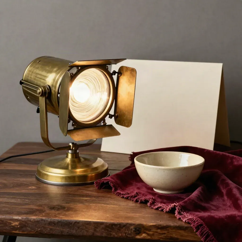 Brass podiumlamp, bordeaux fluweel en keramisch schaaltje op donker hout.