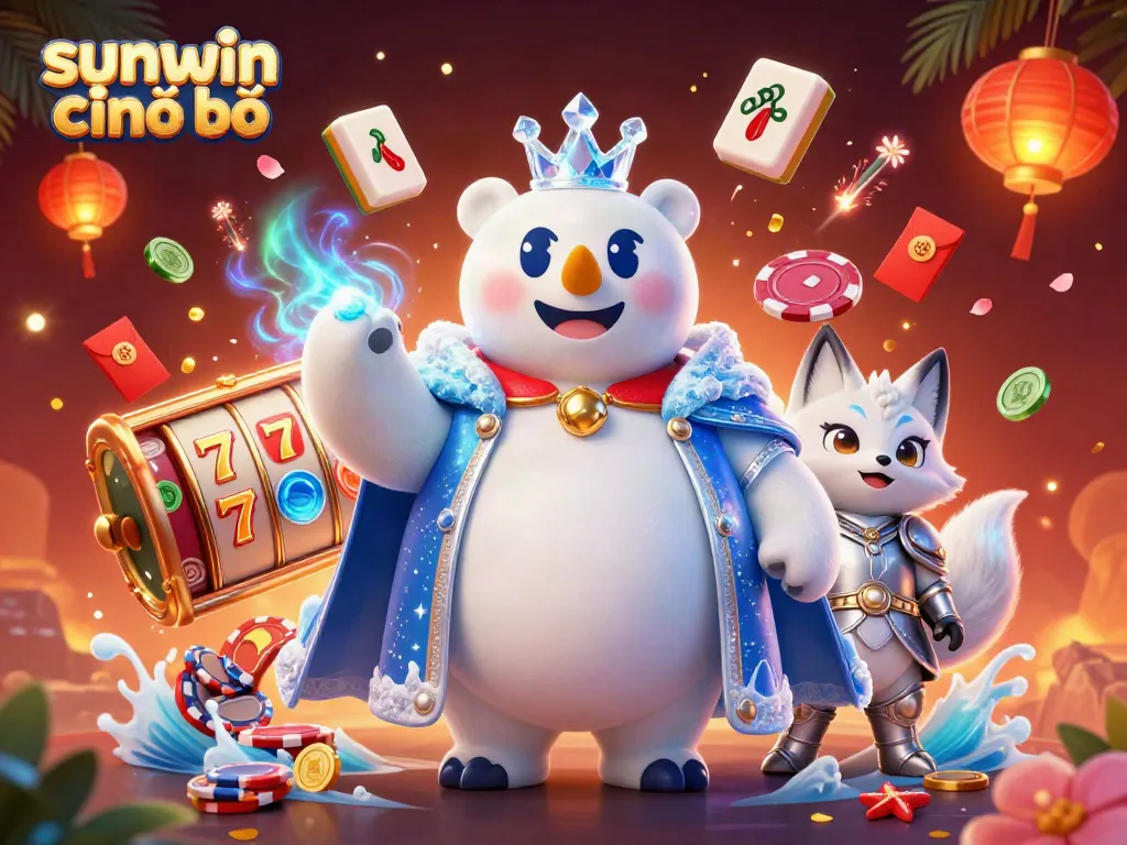 Engage with the vibrant world of sunwin chính chủ, featuring a lively casino scene with playful characters amidst floating game elements.