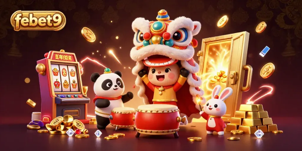 Experience thrilling gameplay at febet9 with a vibrant celebration featuring a lion dance and gaming treasures.
