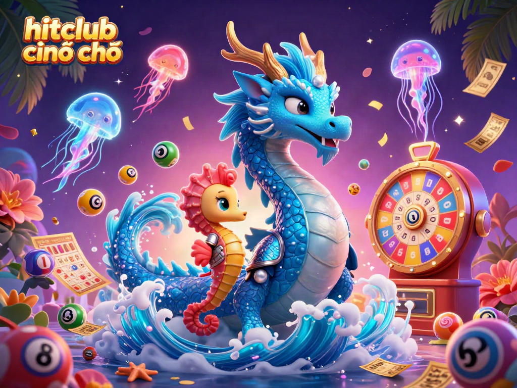 Play and win at hitclub chính chủ with vibrant casino-themed 3D illustration featuring magical sea creatures and dynamic gaming elements.