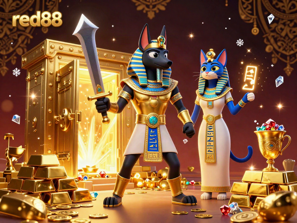 Experience the thrill of gaming at red88 with Anubis and Bastet in a mystical casino setting, surrounded by treasures.
