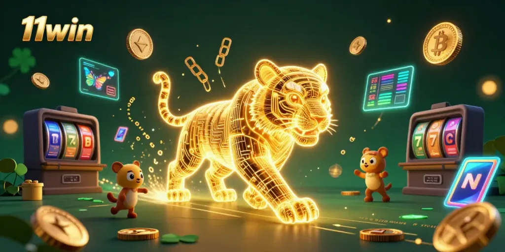 Experience thrilling wins with 11win's vibrant casino atmosphere featuring a neon tiger and crypto elements.