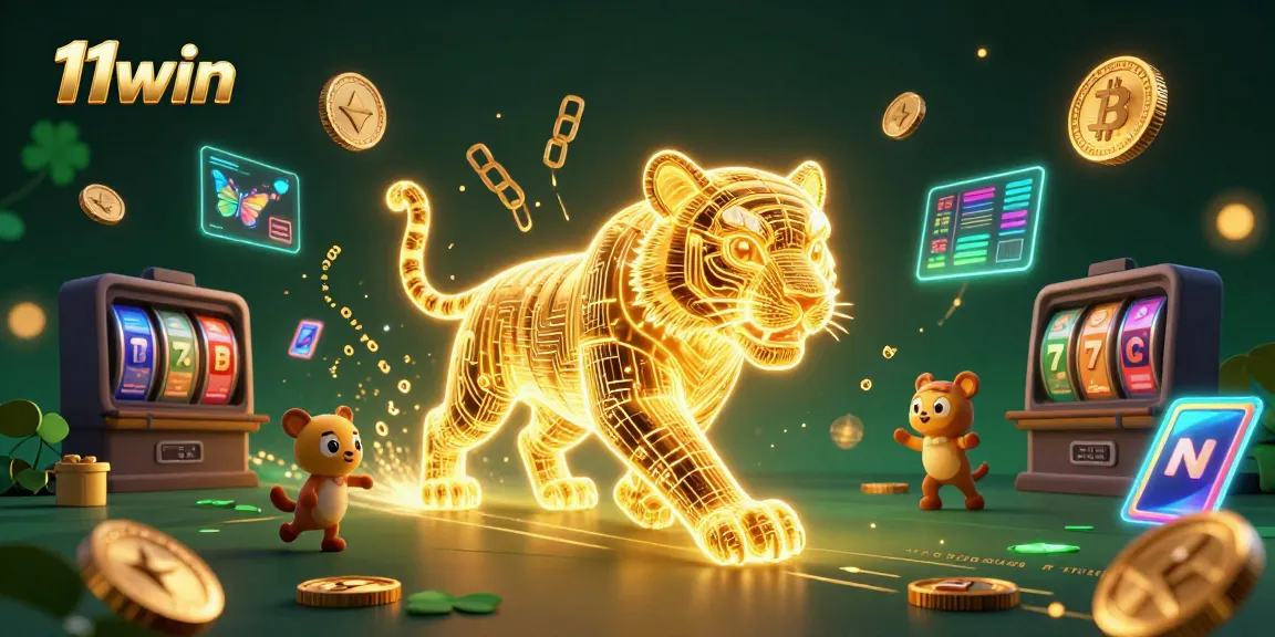 Experience thrilling wins with 11win's vibrant casino atmosphere featuring a neon tiger and crypto elements.