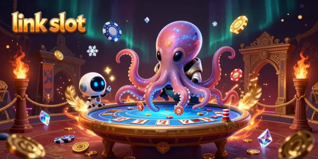 Play interactive link slot games with a vibrant alien octopus at a holographic table