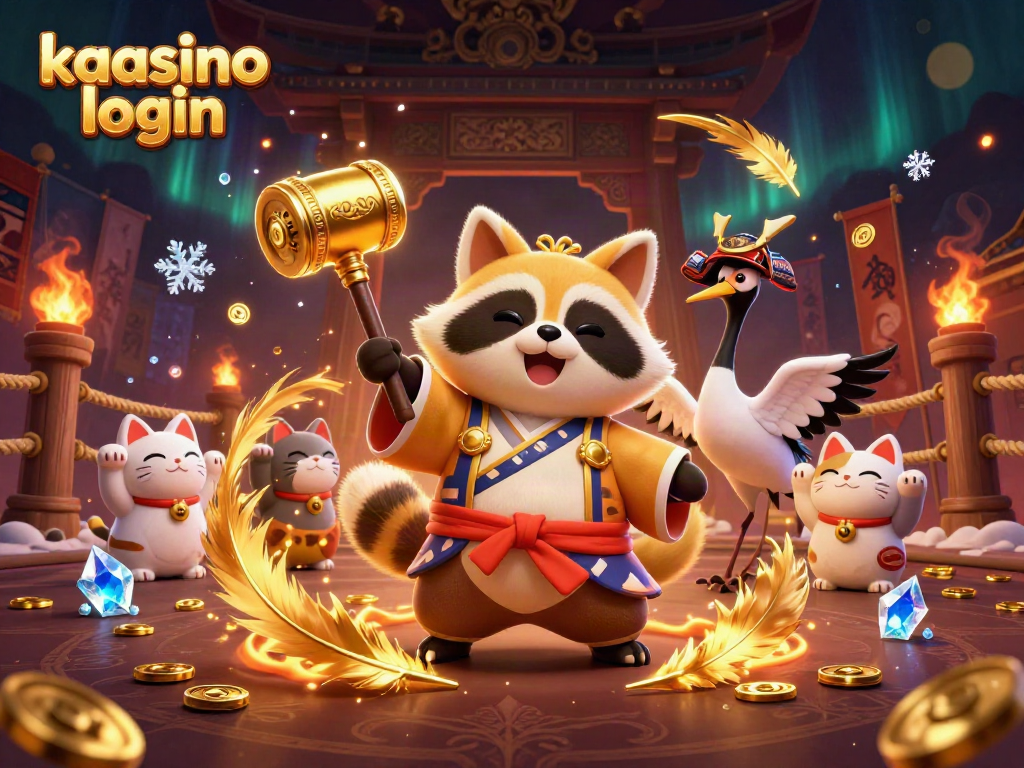 Play games with kaasino login, featuring a cheerful tanuki, samurai crane, and fortune cats in a vibrant casino scene.