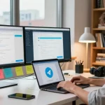 Download Telegram and enhance your communication in a modern workspace with vibrant tech elements.