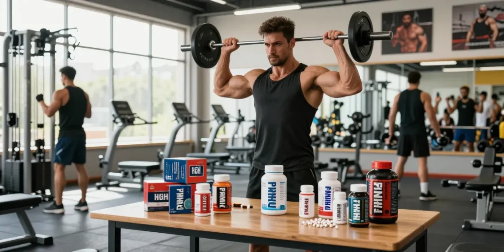 Prime Pharma Steroids bodybuilding producten in een moderne sportschool, met een gefocuste sporter die traint.