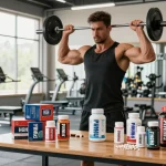 Prime Pharma Steroids bodybuilding producten in een moderne sportschool, met een gefocuste sporter die traint.