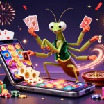 Engaging scene of a giant mantis dealer and ladybug pit boss promoting sunwin chính chủ with vibrant casino elements.