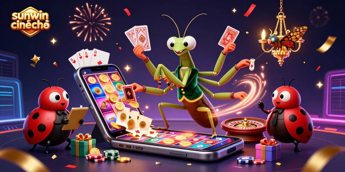 Engaging scene of a giant mantis dealer and ladybug pit boss promoting sunwin chính chủ with vibrant casino elements.