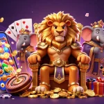Sunwin's vibrant casino world illustrated with a lion king, elephant advisor, and cheetah messenger surrounded by gaming elements.