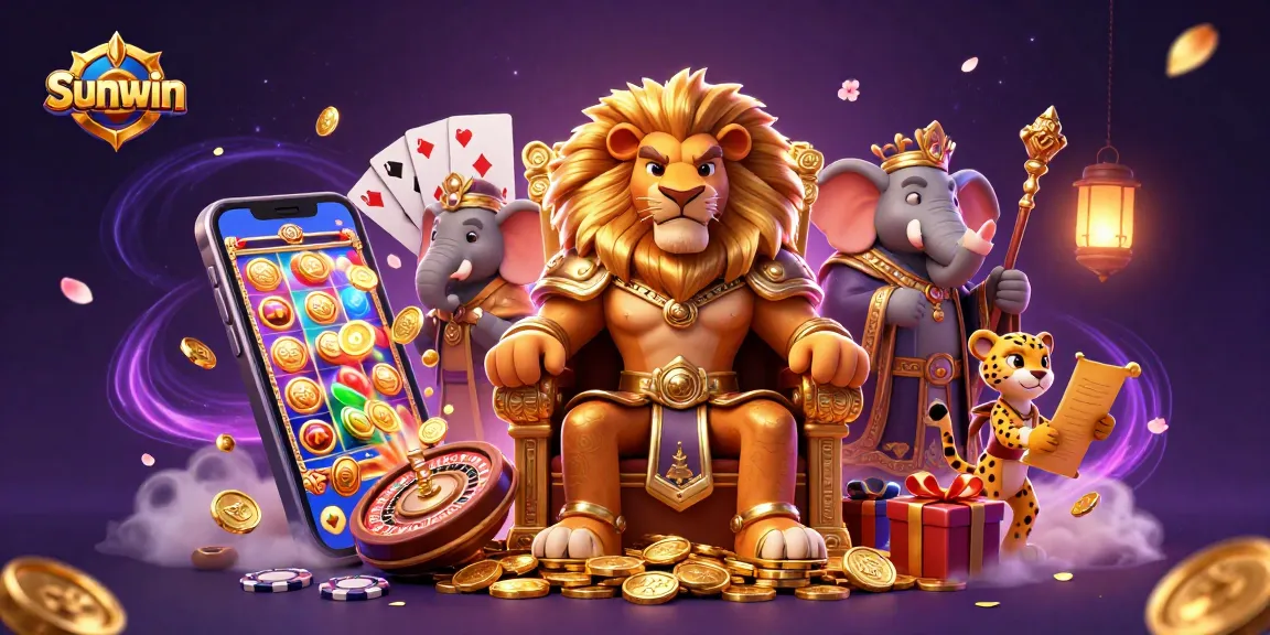 Sunwin's vibrant casino world illustrated with a lion king, elephant advisor, and cheetah messenger surrounded by gaming elements.