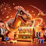 Winner Island casino animation with dinosaur and slot machine celebrating jackpots