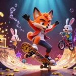 Aureon Casino celebrates gaming with a vibrant scene featuring a skateboarder fox and BMX rabbit performing tricks.