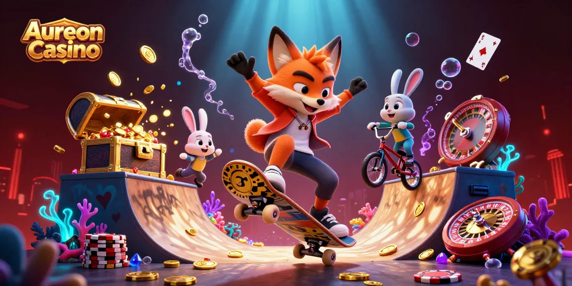 Aureon Casino celebrates gaming with a vibrant scene featuring a skateboarder fox and BMX rabbit performing tricks.